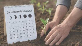 Gartenkalender Juni 2025: Was nach Mondphasen pflanzen? Realistische Bilder zeigen, wie Bohnen, Mangold und Blumen im Einklang mit dem Mond gesetzt werden.