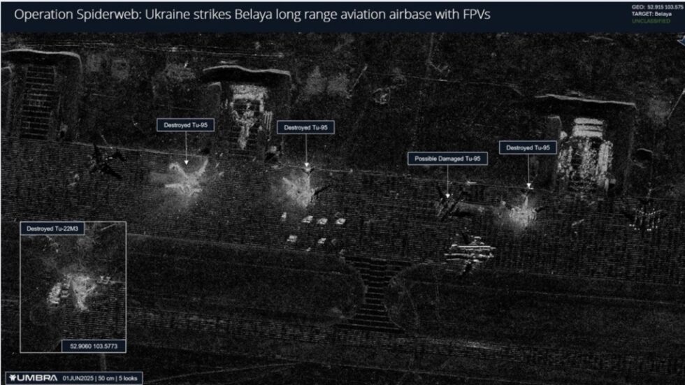 Nach einer SBU-Operation gegen russische Luftwaffenstützpunkte zeigen Satellitenbilder zerstörte Tu-95 und Tu-22M3 auf der Basis Belaja. Russland meldet Drohnenwelle.