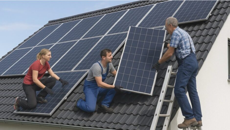 2025 wird die Solaranlage auf dem Dach Pflicht – in vielen Bundesländern für Neubauten und Sanierungen. Das Bild zeigt echte Handwerker bei der Installation einer PV-Anlage auf einem Wohnhaus.