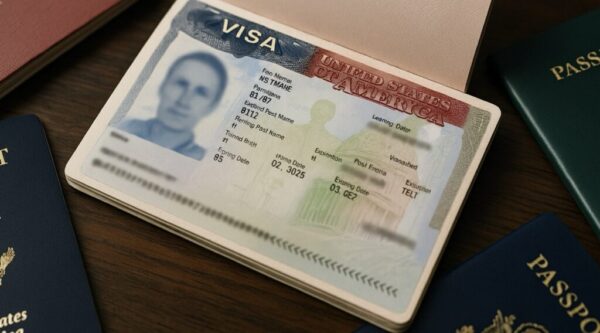 Nahaufnahme eines geöffneten Reisepasses mit USA-Visum – realitätsnah, hochwertig, ohne Text. Ideal für Berichte zu Einreise- und Visathemen 2025.