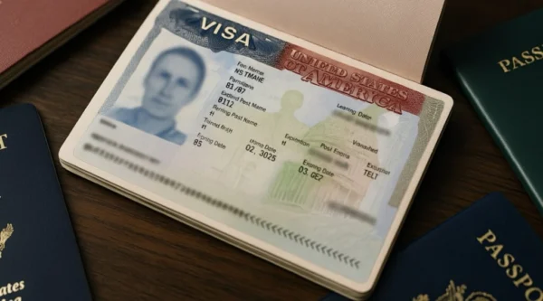 Nahaufnahme eines geöffneten Reisepasses mit USA-Visum – realitätsnah, hochwertig, ohne Text. Ideal für Berichte zu Einreise- und Visathemen 2025.