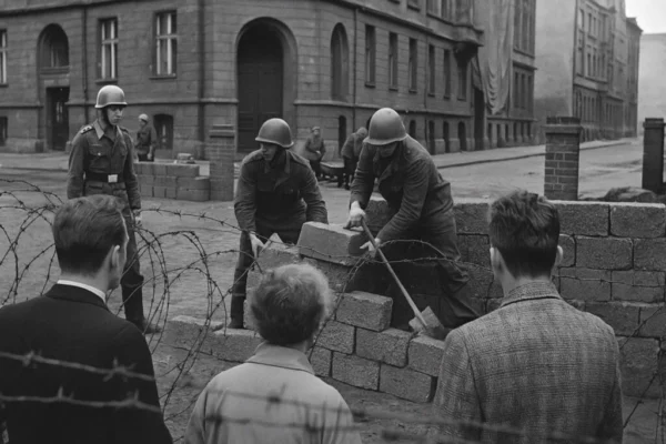Historische Aufnahme vom 13. August 1961: Bau der Berliner Mauer in Berlin – Symbol der deutschen Teilung und des Kalten Krieges.