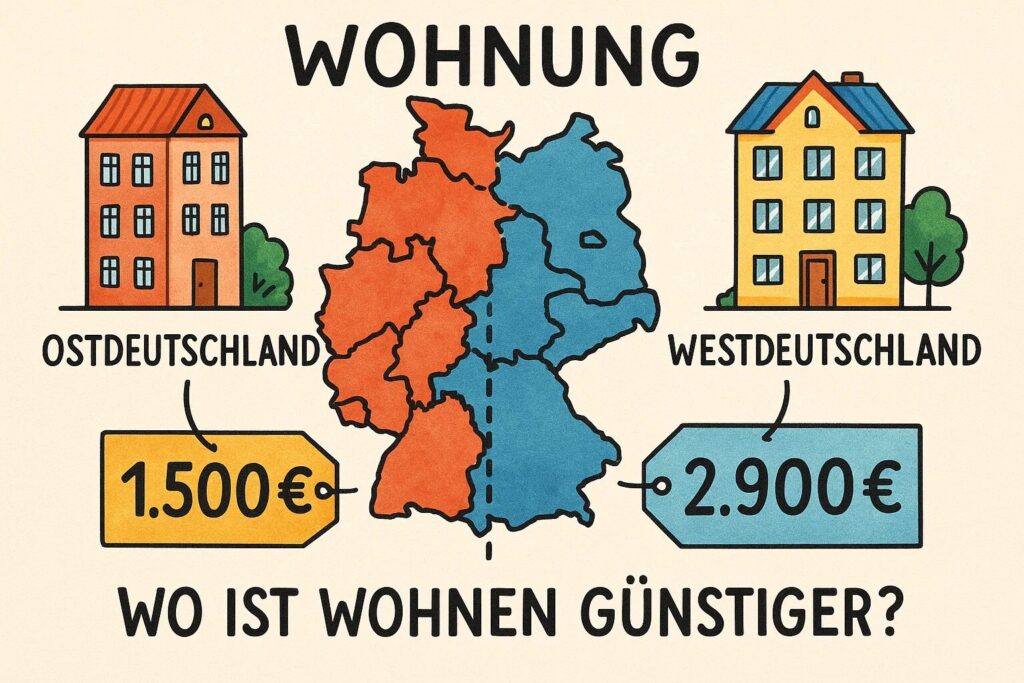 Wohnungspreise Deutschland: Vergleich Ost vs. West 2025. Wo ist Wohnen günstiger – Mieten oder Kaufen? Fakten, Zahlen, Tipps für Investoren und Familien.