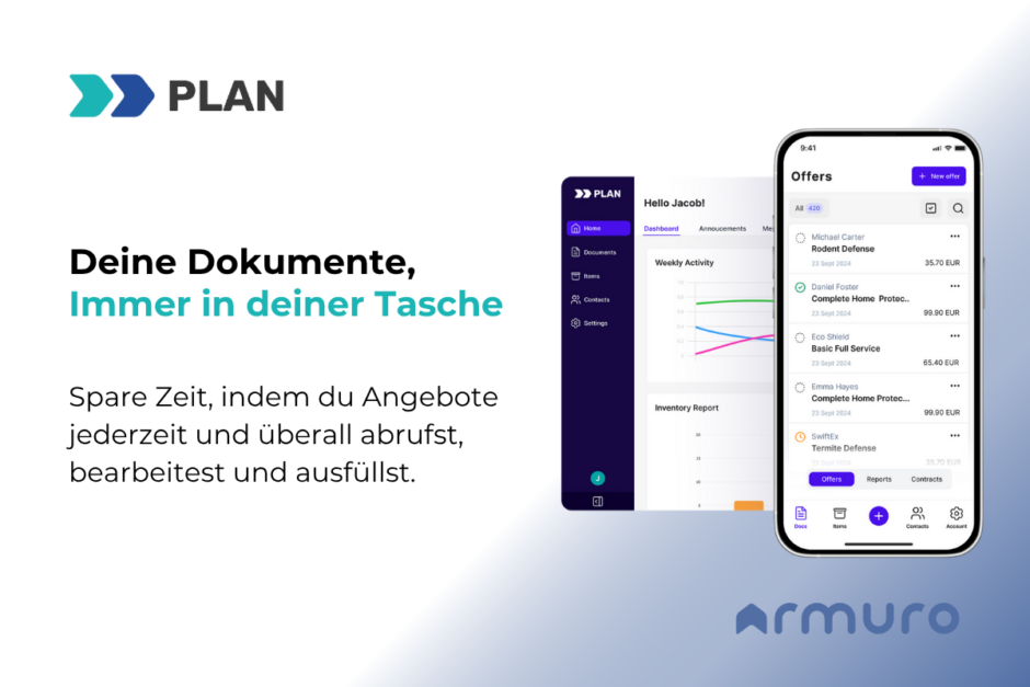 PLAN von Armuro ist die spezialisierte Software für Schädlingsbekämpfungsunternehmen – optimiert Termine, Dokumente, Lagerbestände und steigert Effizienz sowie Wachstum ohne Mehraufwand.