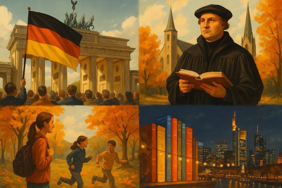 Oktober 2025 in Deutschland: Tag der Deutschen Einheit, Reformationstag, Herbstferien in allen Bundesländern sowie Festivals wie Buchmesse, Oktoberfest und Lichterfest.