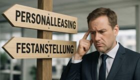 Ein nachdenklicher Geschäftsmann steht vor Wegweisern mit den Aufschriften Personalleasing und Festanstellung und symbolisiert die Entscheidungsmöglichkeiten im Arbeitsmarkt