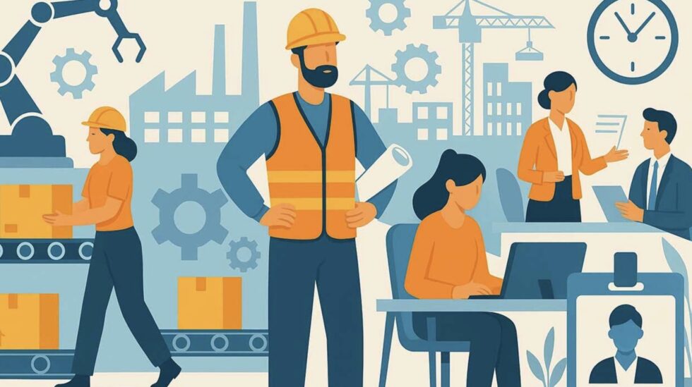 Illustration zeigt verschiedene Einsatzbereiche und Besonderheiten der Zeitarbeit in Industrie, Bau und Büro