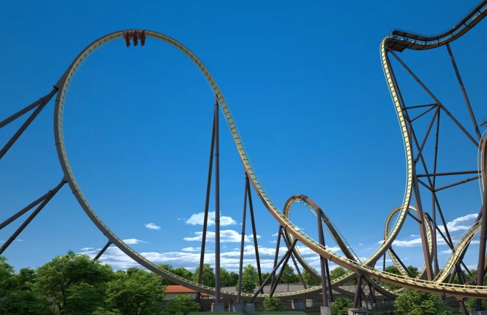 Tormenta Rampaging Run, der erste Giga Dive Coaster, eröffnet 2026 im Six Flags Over Texas. Er erreicht 309 Fuß Höhe, 87 mph und bricht sechs Weltrekorde. Jetzt Details zum Giga Dive und den Inversionen erfahren!