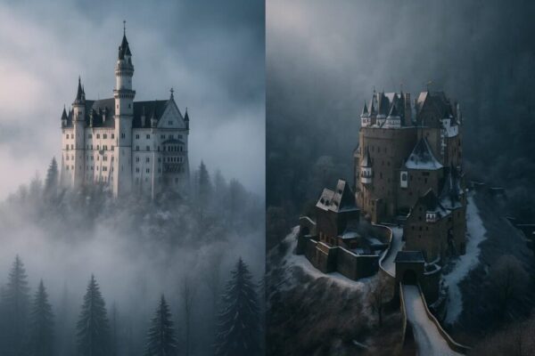 Mittelalterliche Burgen im Winternebel. 70% weniger Besucher ab November. Praktische Tipps zu Öffnungszeiten (Neuschwanstein, Burg Eltz) und Ticketkauf.