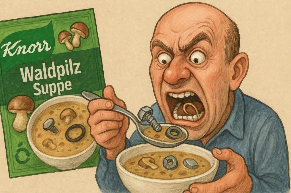 Knorr ruft Produkte wie Waldpilz Suppe zurück (Chargen-Nr. 528219C93, MHD 04/2027) wegen Metall- und Gummiteilen. Verzehr kann zu Verletzungen führen.