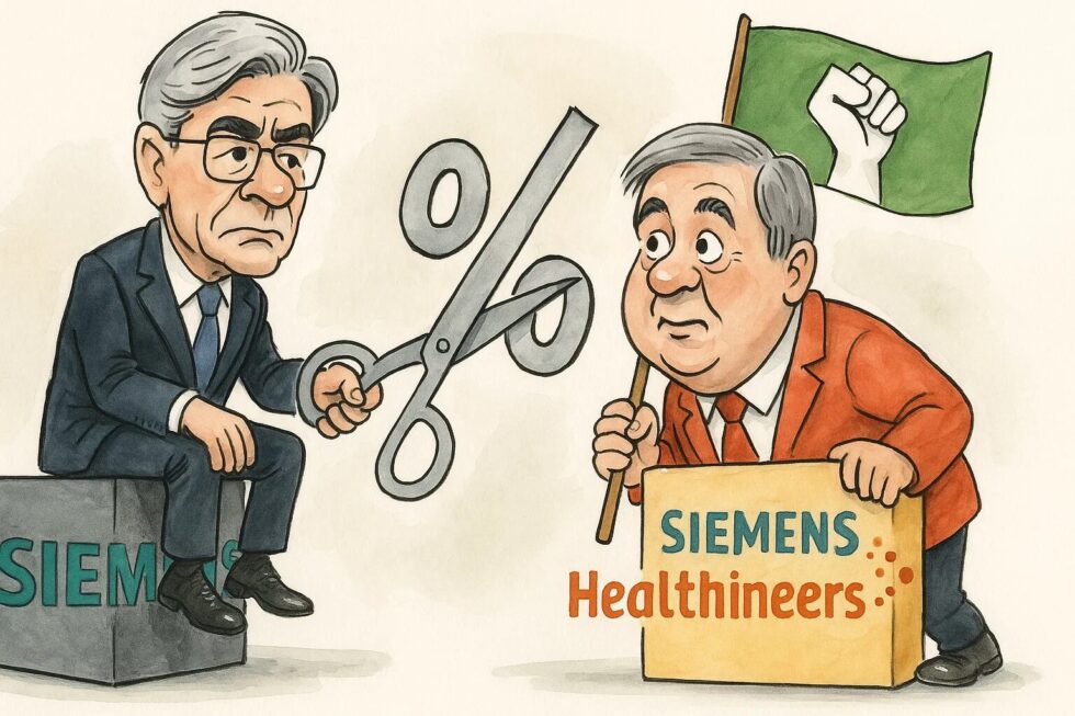 Siemens reduziert Healthineers-Anteil um 30% (15 Mrd. €), um sich auf Kerngeschäft zu konzentrieren. Kontrollmehrheit wird abgegeben. Gewerkschaften sichern Standorte.