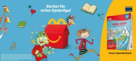 McDonald's ersetzt Spielzeuge im Happy Meal durch 1 von 8 lustigen Kinderbüchern. Die Aktion umfasst Titel wie "Die Olchis" und "Lesen nervt!".