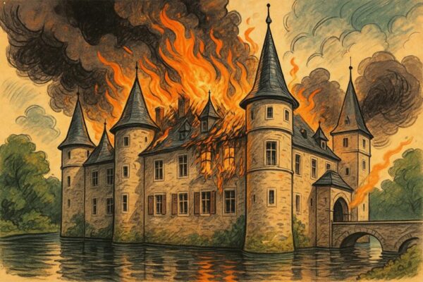 Großbrand im Wasserschloss Hardenberg (Velbert) ausgebrochen. Das Baudenkmal aus dem 14. Jahrhundert brennt. 80 Feuerwehrleute kämpfen gegen die Flammen. Keine Verletzten.