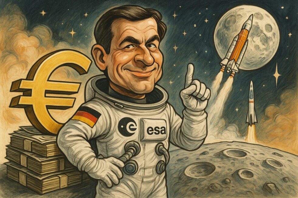 ESA beschließt 22,1 Mrd. € Rekordbudget. Ein deutscher Astronaut fliegt zum Mond (Artemis-Projekt). Hauptziel ist Europas Unabhängigkeit in der Raumfahrt.
