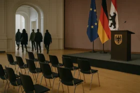 30 Stipendiaten verließen aus Protest gegen Merz' "Stadtbild"-Äußerung die Bühne in Berlin bei der Verleihung des Talisman-Preises. Sie trugen "Wir sind das Stadtbild"-Sticker.