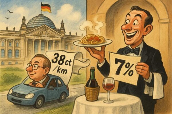 Der Bundestag beschließt ein umfangreiches Steuerpaket: Die Pendlerpauschale steigt auf 38 Cent/km für die ersten 20 km. Die Gastro-Umsatzsteuer sinkt dauerhaft auf 7%.