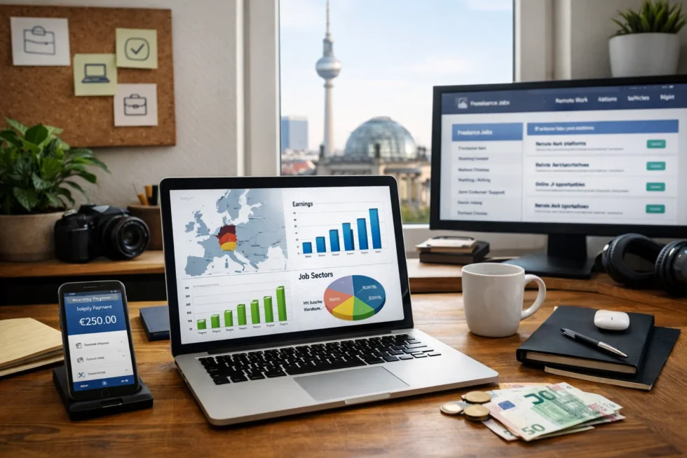 Online-Arbeit von zu Hause in Deutschland 2026: Homeoffice-Jobs, Freelancer-Plattformen, Einkommen und Steuern. Statistik, Plattformgebühren und Tipps, wie man online arbeitet und Geld verdient.