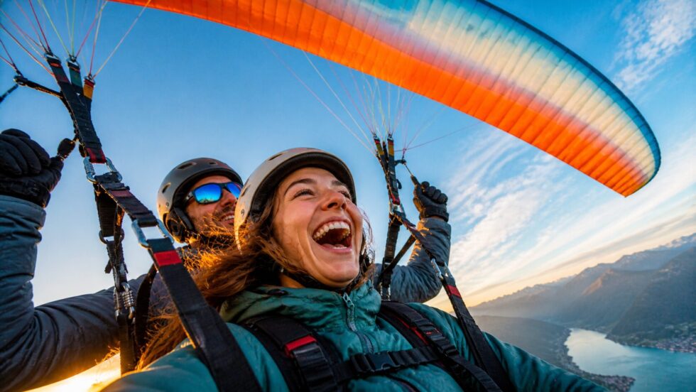Tandem-Gleitschirmflug in Vorarlberg über schneebedeckten Alpengipfeln bei Wolf Paragliding Service