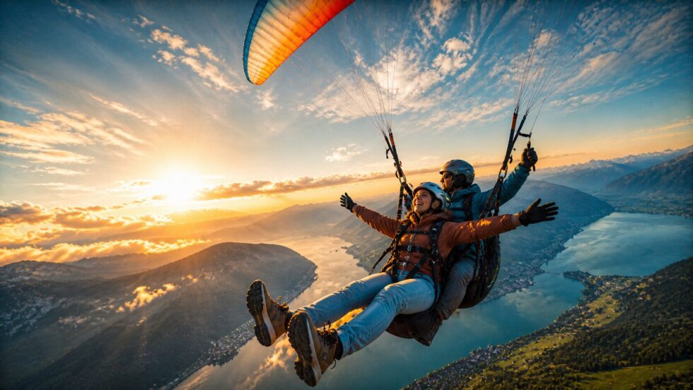 Tandem-Gleitschirmflug in Vorarlberg über schneebedeckten Alpengipfeln bei Wolf Paragliding Service