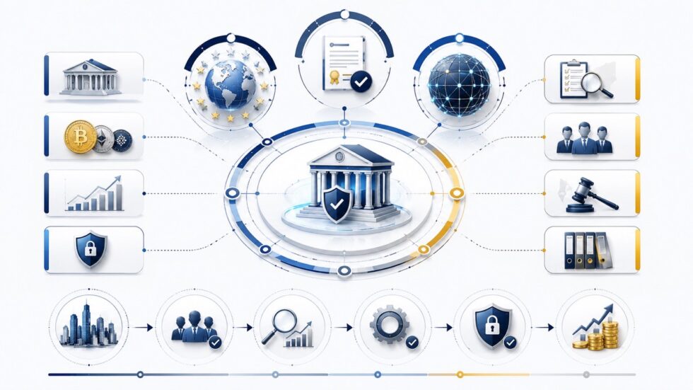 Kryptolizenzen in Europa erfordern 2026 klare MiCA-Einordnung, AML-Prozesse und Due Diligence. Was Unternehmen für Antrag, Legal Opinion, Bankfähigkeit und Markteintritt vorbereiten müssen.