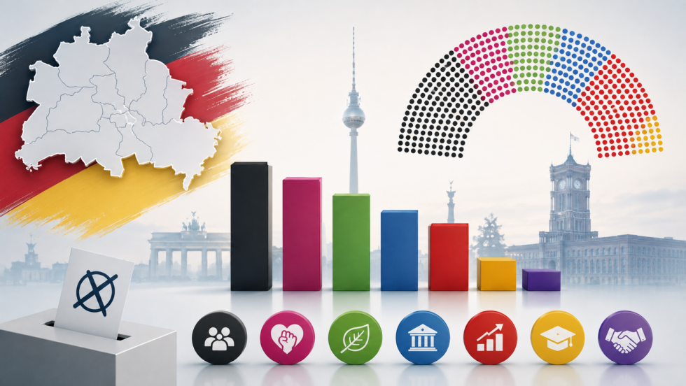 Berlin wählt am 20. September 2026. CDU und Linke kämpfen um Platz eins, AfD und Grüne folgen knapp. Umfragen, Kandidaten, Wahlregeln und mögliche Koalitionen im kompakten Überblick.