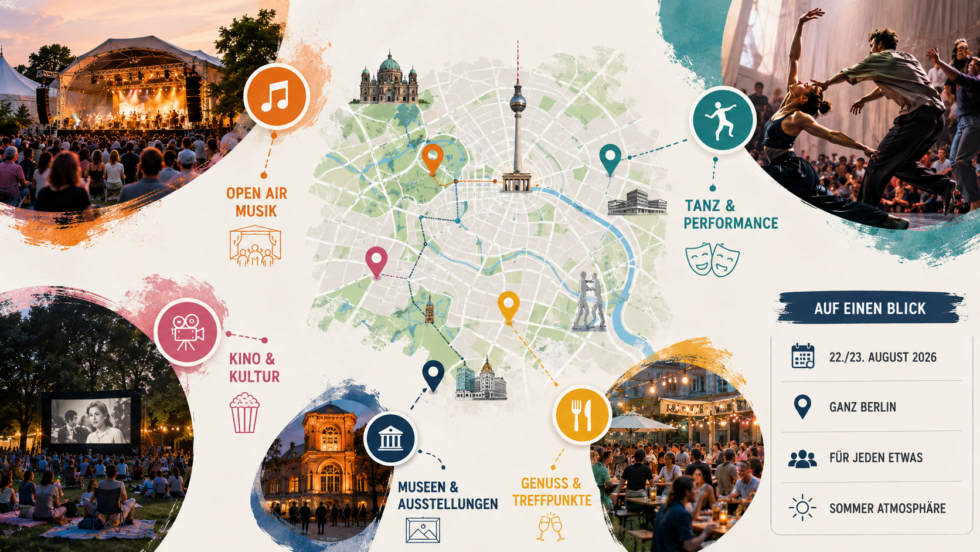 Berlin am Wochenende 22./23. August 2026: Radioeins Parkfest, Tanz im August, Open-Air-Konzerte, Kultur und weitere Events. Die besten Tipps, Termine und Highlights für Samstag und Sonntag.