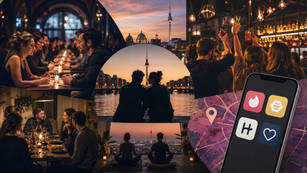 Dating in Berlin 2026: Speed Dating, Barhopping, Blind Dinner, achtsames Dating und kuratierte Hangouts – mit Orten, Preisen und Uhrzeiten. Plus ehrlicher App-Vergleich von Tinder, Bumble, Hinge & Parship.