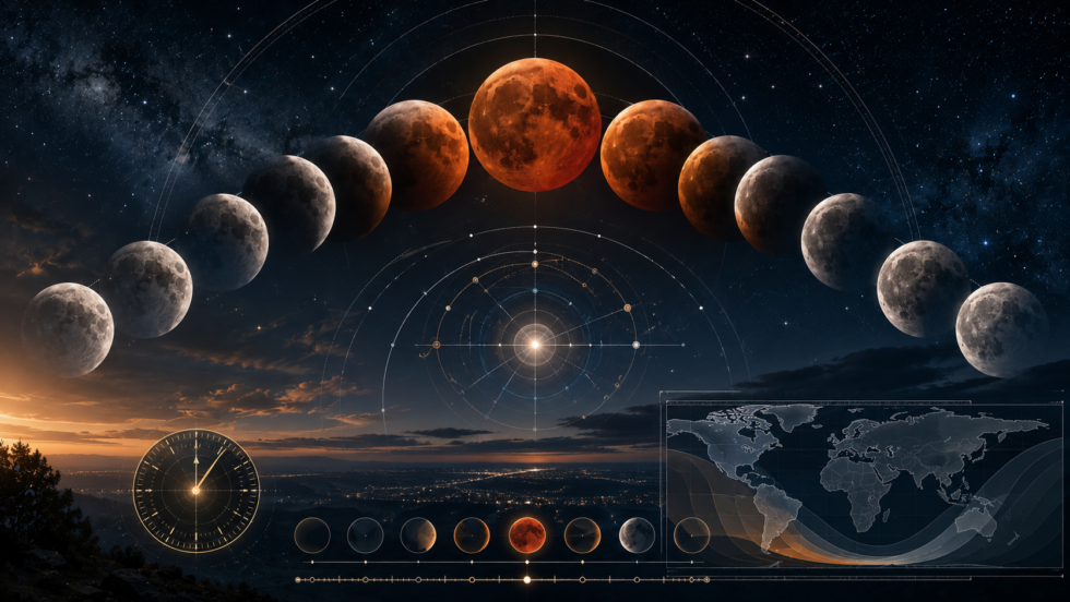 Mondfinsternis am 28. August 2026 in Berlin und Potsdam: genaue Uhrzeit, Beginn, Maximum und Monduntergang, Sichtbarkeit, beste Beobachtungsrichtung und Erklärung der tiefen partiellen Finsternis.