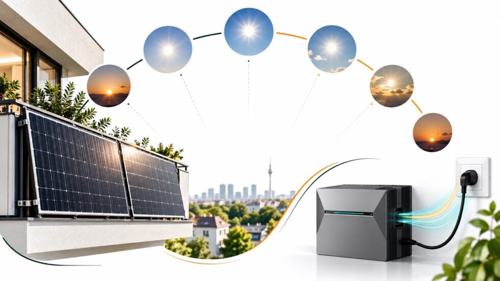Wie viel Strom erzeugt eine Balkonsolaranlage im Tagesverlauf? Sonnenstand, Ausrichtung, Schatten, Wolken und Temperatur erklären die Schwankungen.
