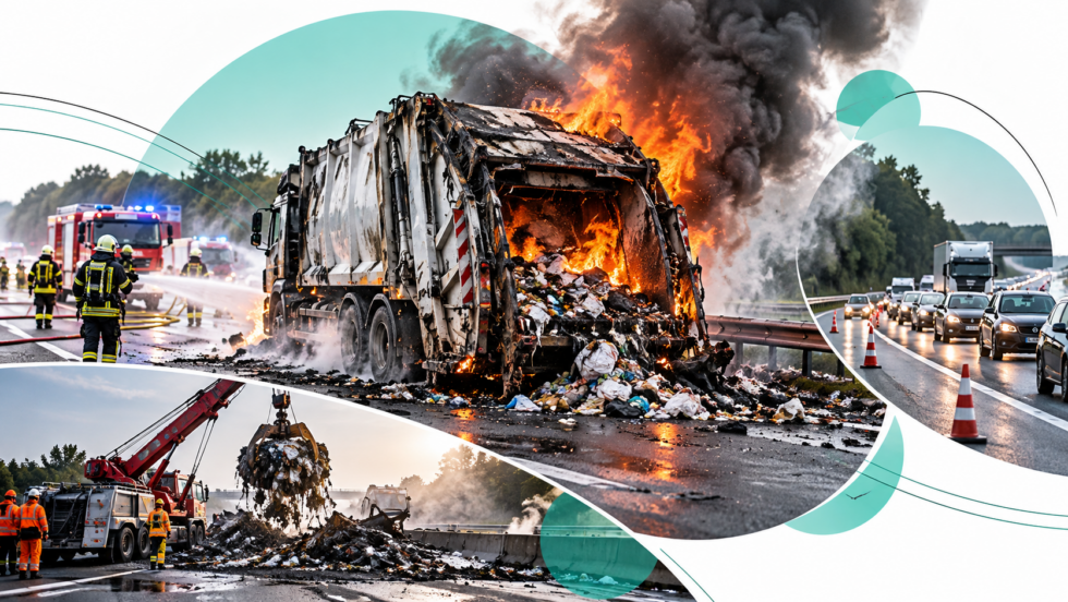 A31 bei Ochtrup: Ein mit Restmüll beladener Lkw brennt am 15. Oktober 2026. Zwischen Ochtrup-Nord und Schüttorf-Ost ist Richtung Lingen eine Spur frei. Bergungsarbeiten sorgen für weitere Verzögerungen.