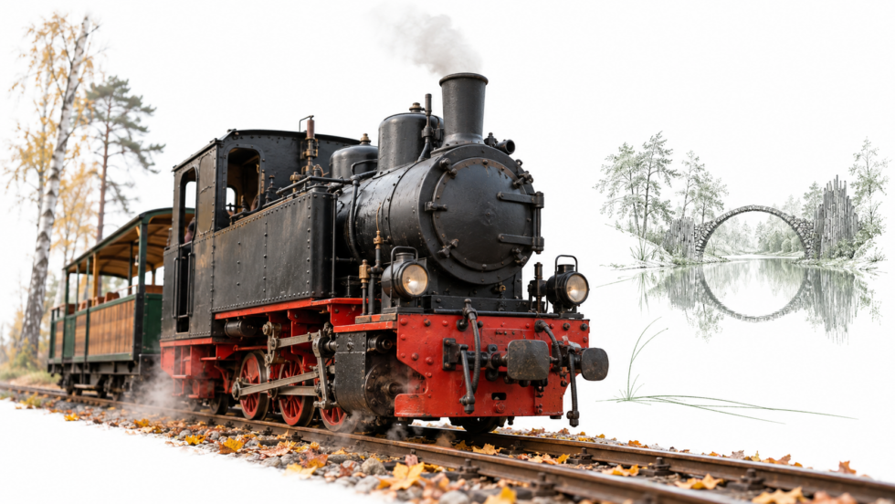 Waldeisenbahn Muskau 2026: Fahrplan, Preise und Fahrtage im Oktober. Mit der historischen Bahn zur Rakotzbrücke, nach Kromlau und Bad Muskau – plus Whisky-Nostalgie-Tour in Sachsen.