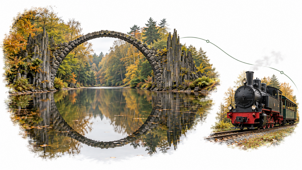 Waldeisenbahn Muskau 2026: Fahrplan, Preise und Fahrtage im Oktober. Mit der historischen Bahn zur Rakotzbrücke, nach Kromlau und Bad Muskau – plus Whisky-Nostalgie-Tour in Sachsen.